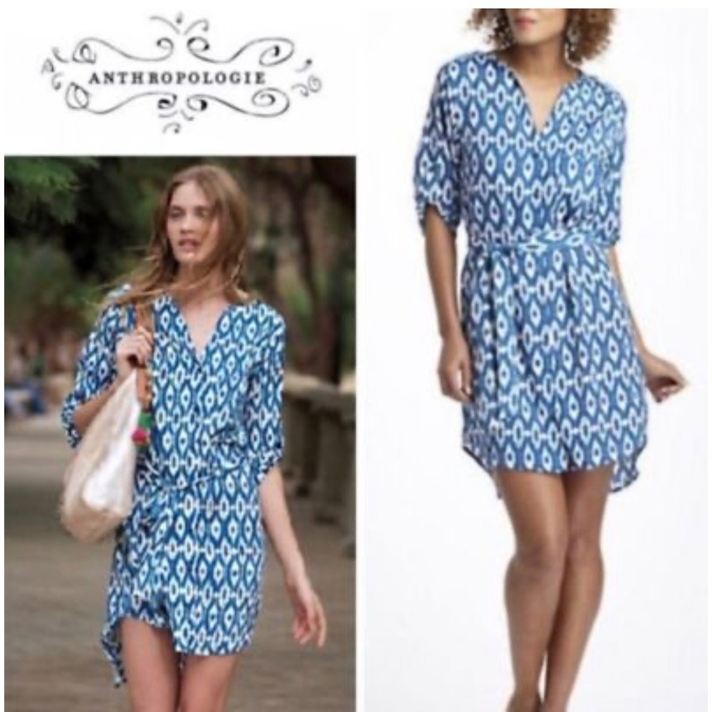 Maeve Anthropologie Dress Size Medium Blue White Ikat Tie Waist Mini - Picture 2 of 12